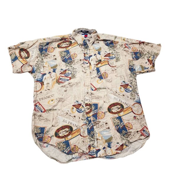 Vintage Tommy‎ Hilfiger Short Sleeve Franco Travel Print Button-Up Shirt M - Picture 1 of 6